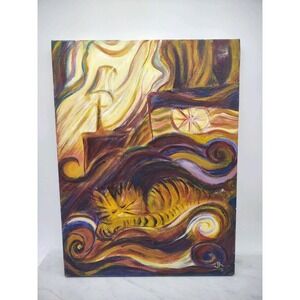 Original Painting Sleeping Cat Couch Art Canvas 12x16 Impressionism Style Signed